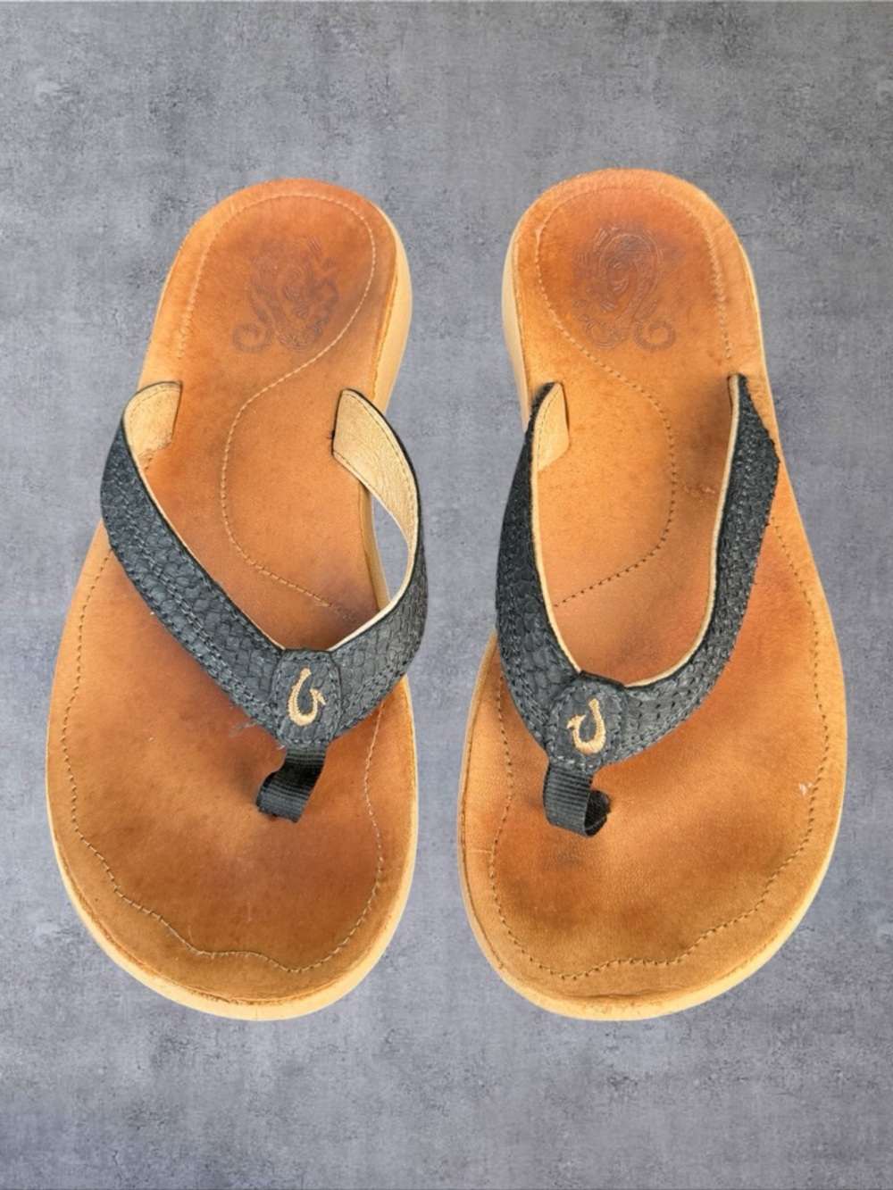 Olukai Kamano Leather Flip Flops Womens 6 Gray Tan Thong Sandals 20121-4038 Arch
